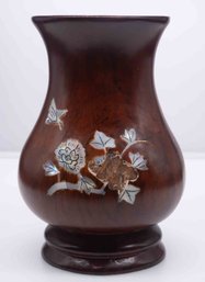 Old Chinese Lacquerware Mother Of Pearl In Wood Vase