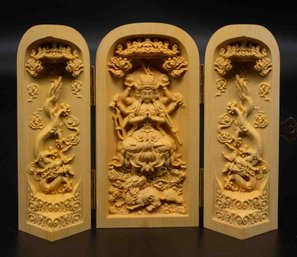 Carved Buddhist Wood Relief Sculpture Foldable Triptych