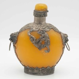 Old Chinese Qianlong Inscribed Amber And Pewter Snuff Bottle