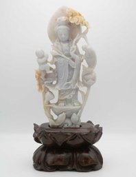 Old Chinese Hand Carved White And Yellow Jade Bodhisattva Guanyin Sculpture