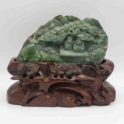 Old Chinese Carved Green Jade Landscpae Sculpture With Wood Stand