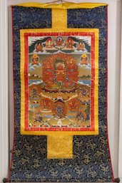 Vintage Fabric Religious Thangka Print On Scroll Hayagriva Wisdom King Scroll