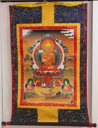 Vintage Fabric Religious Thangka Print On Scroll Guru Rinpoche