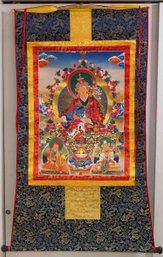 Vintage Fabric Religious Thangka Print On Scroll Guru Rinpoche