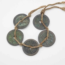 Set Of 5 Chinese Qing Dynasty Bronze Coins In String