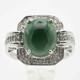 14K White Gold And Diamond Cabochon Green Jadeite Ring