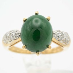 14K Gold And Diamond Cabochon Green Jadeite Ring