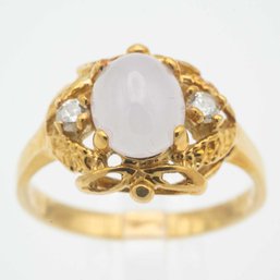 14K Gold And Diamond Cabochon White Jadeite Ring