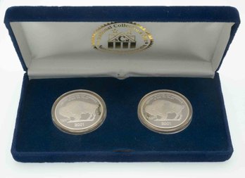 2001 Pair Of National Collectors Mint Buffalo Silver Rounds With Box