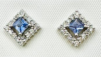 14KT White Gold  Pair Of Natural Diamond And Tanzanite Stud Earrings - J11657