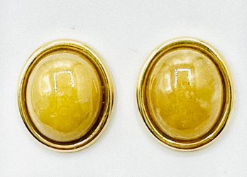 14KT Yellow Gold  Pair Of Oval Jade Earrings -J11661