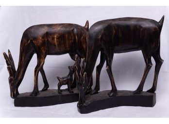 A Pair Of Vintage Hand Carved Wood Sculptures Of Antelopss