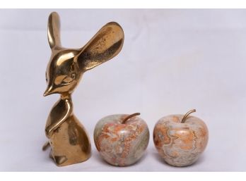 Lot Of Brass Mouse With 2 Marble Apples