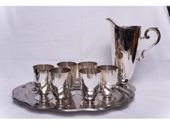 Lot Of 6 Silver Plated Cups, A Tray, And A Pitcher