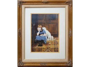 Victorian Nicely Framed Print On Paper 'Little Girl And Dog'