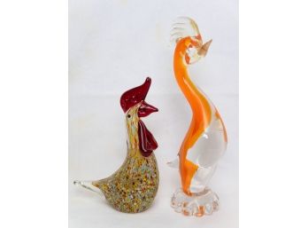 Set Of 2 Rooster Glass Sculpture