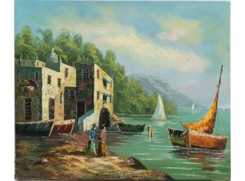 Vintage Decor Oil On Canvas 'Harbor Scene'