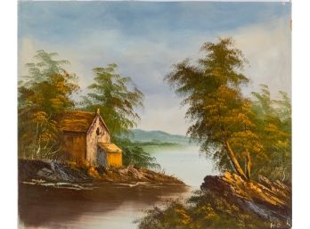 Vintage Decor Oil On Canvas 'House Near River'