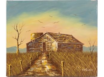 Vintage Scenic Oil On Canvas 'House With Field'