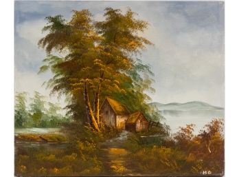 Vintage Scenic Oil On Canvas 'House WIth Tree'