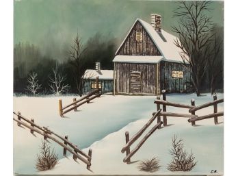 Vintage Scenic Oil On Canvas 'House With Snow'