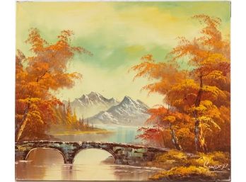 Vintage Scenic Oil On Canvas 'Autumn Bridge'