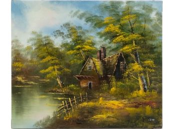 Vintage Scenic Oil On Canvas 'House With River'