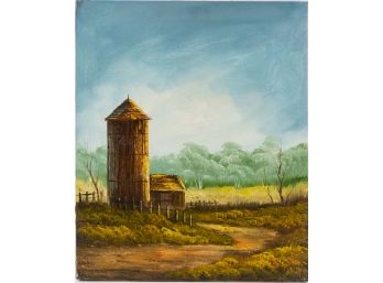 Vintage Scenic Oil On Canvas 'Barn Landscape'