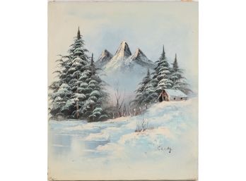 Vintage Scenic Oil On Canvas 'Mountain In Snow'