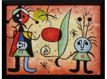 Contemporary After Miro Oil On Canvas 'Two Kids'