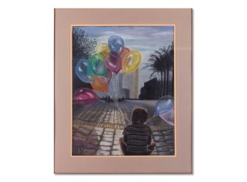 Vintage Modernist Original Watercolor 'Boy With Balloons'