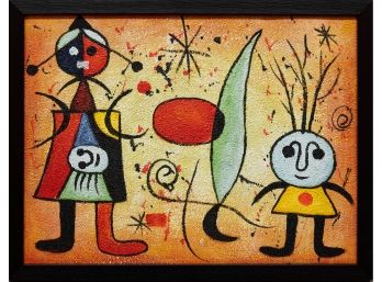 Contemporary After Miro Oil On Canvas 'Girl And Boy'