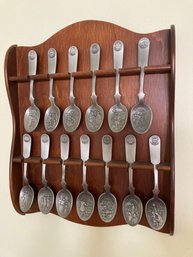 1976 Franklin Mint 13 Colony Pewter Spoon Collection With Display Case