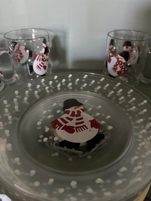 Luminarc/Crate And Barrel Skating Snowman Glass Mugs And Plates Set