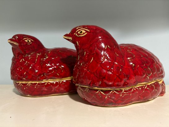 Pair Of Ceramic Red Hens