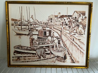 Framed Lithograph Fishermans Wharf Nassau By George Vaklev