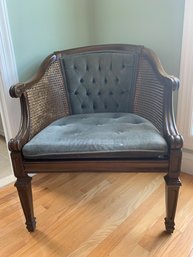 1950s Vintage Cane Barrel Chair With Tufted Blue Gray Upholstery