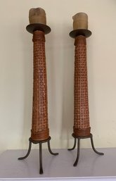 Two Vintage Bohemian Style Woven Wicker Tall Candlesticks