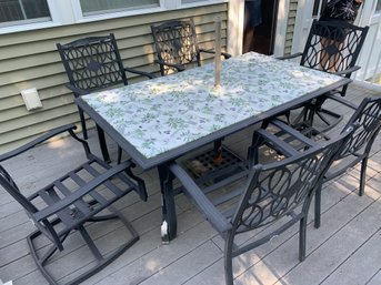 Hampton Bay Rectangular Patio Dining Set: Table, Chairs, Umbrella, Stand