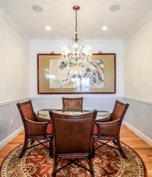 Thomasville Round Glass Top Wood Table And 6 Cane Woven Chairs