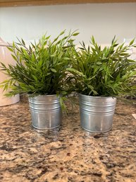 2  Faux Ikea Plants In Metal Buckets