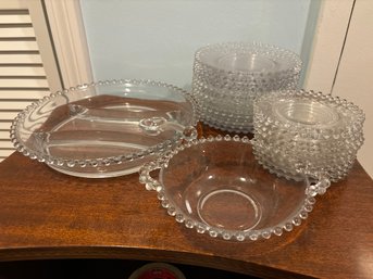 Set Of Hobnail Glass Dishes, Bowl, And Serving Plate