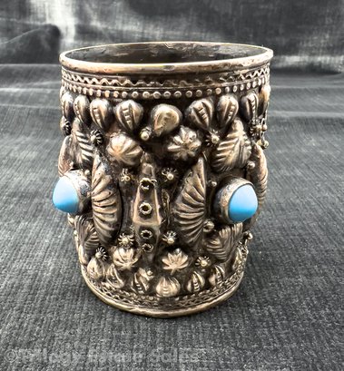 800 Silver Cup With Turquoise Cabochons And Applied Decorations 76.8g