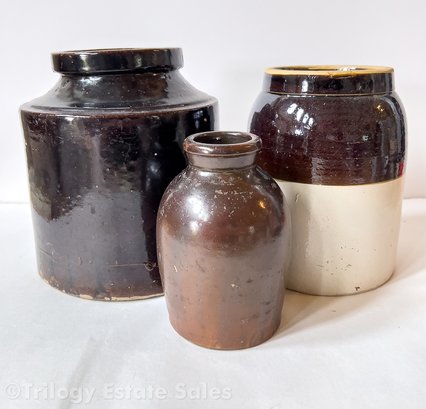 Three Brown Stoneware Crocks - No Lids