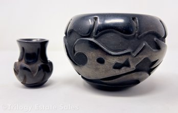 Two Santa Clara Pueblo Blackware Pottery Pieces Signed Reycita Cosen