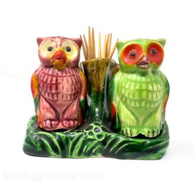 Vintage Ceramic Owls Salt & Pepper Shakers With Toothpick Holder