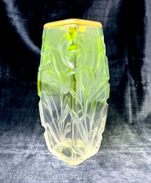 In The Style Of Moser Cut Glass Gradient Green To Clear Vase With Gold Enamel Lip