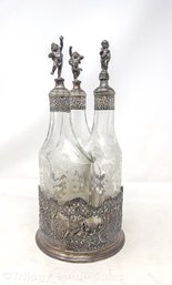 Antique German Hanau Continental Silver Triple Intaglio Crystal Decanter Set In Stand