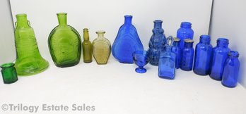 Cobalt Blue And Green Glass Bottles