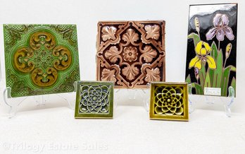 Five Floral And Ornamental Motif Ceramic Tiles